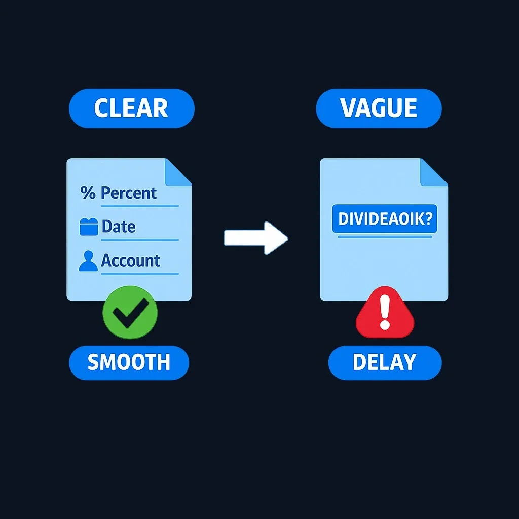 Side-by-side comparison of clear versus vague divorce order language and outcomes