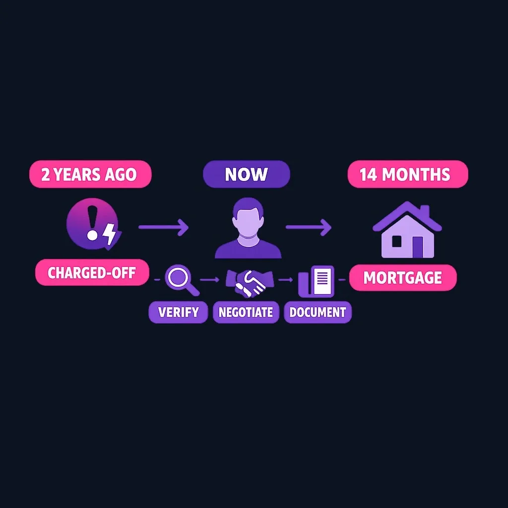 Timeline showing two-year-old charge-off, 14-month runway to mortgage application, and decision points