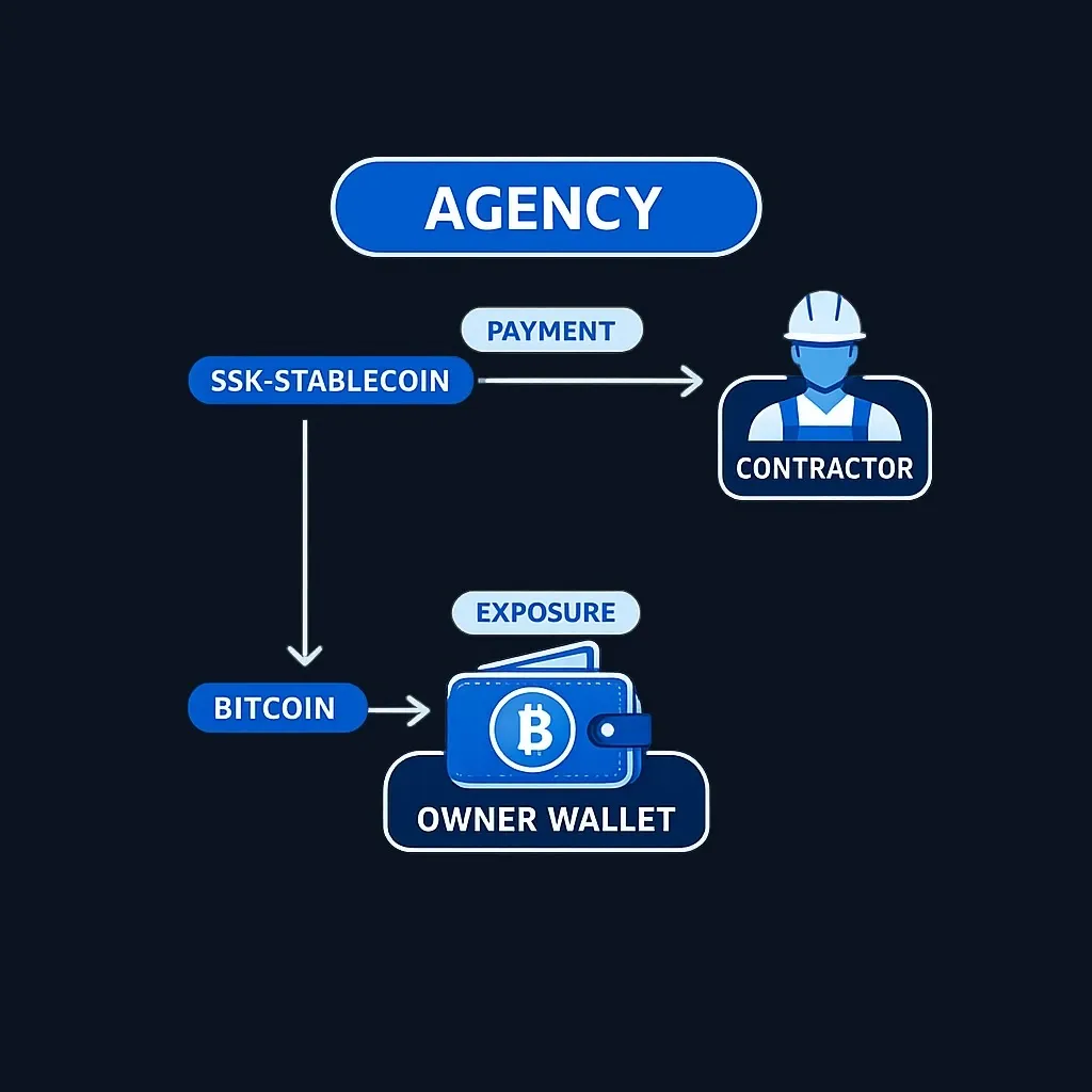 Diagram showing dual use case: stablecoin for contractor payment versus Bitcoin for exposure