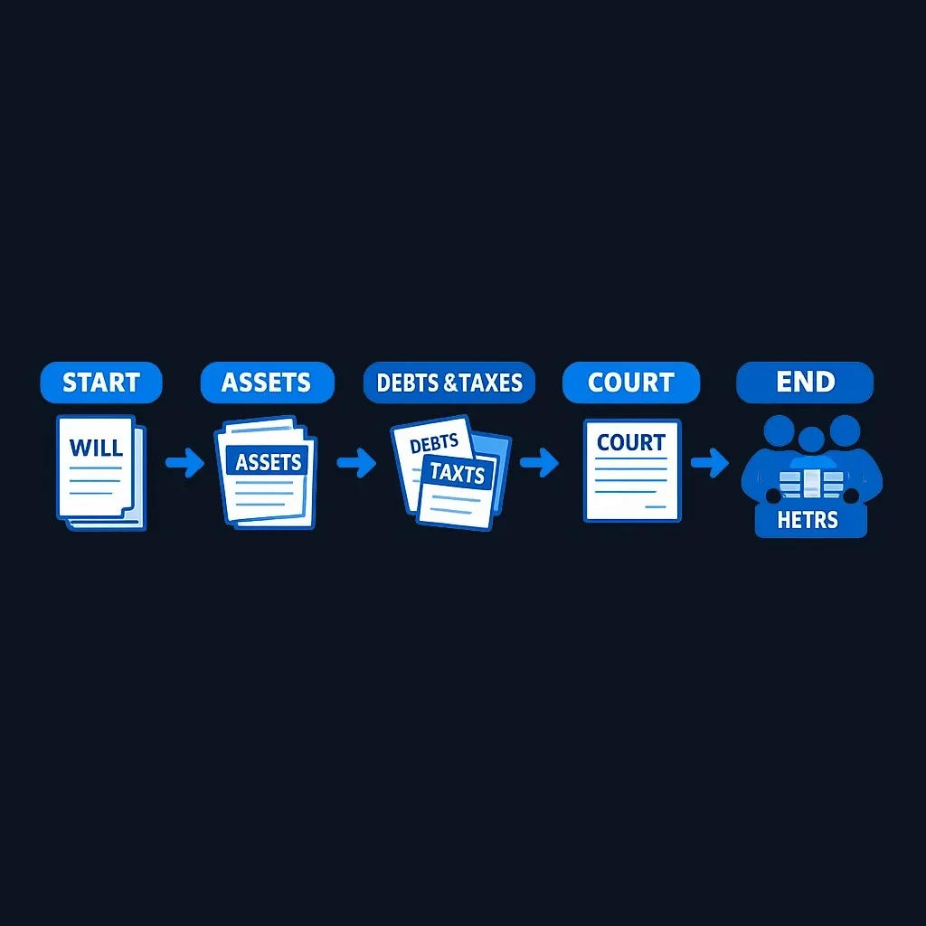 Flowchart showing executor's sequential duties from death through final distribution