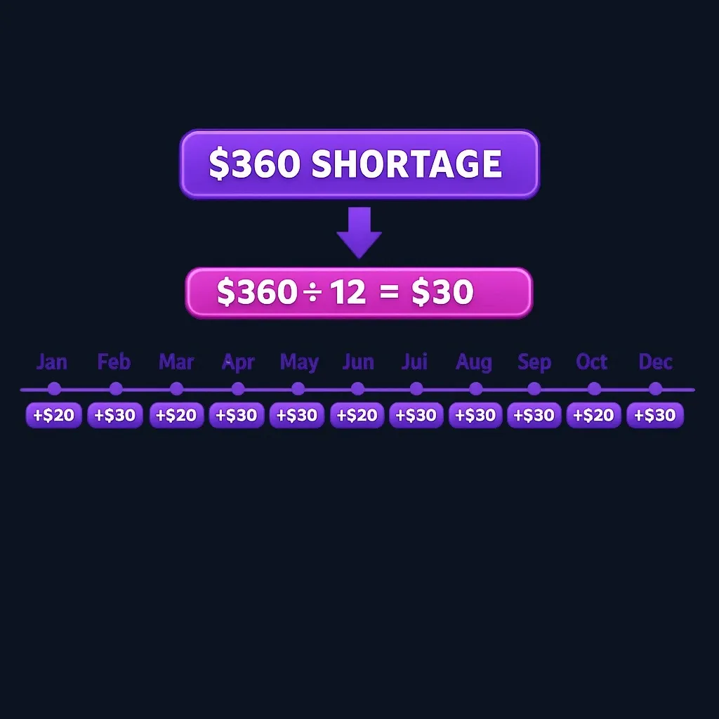 Calculation diagram showing $360 shortage divided by 12 months equals $30 monthly increase