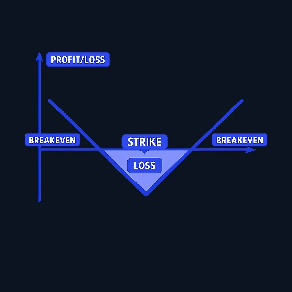 V-shaped payoff diagram for a long straddle at expiration