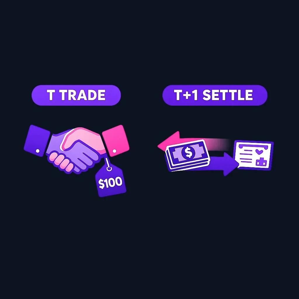 Two-stage diagram showing trade date when price locks versus settlement date when ownership transfers