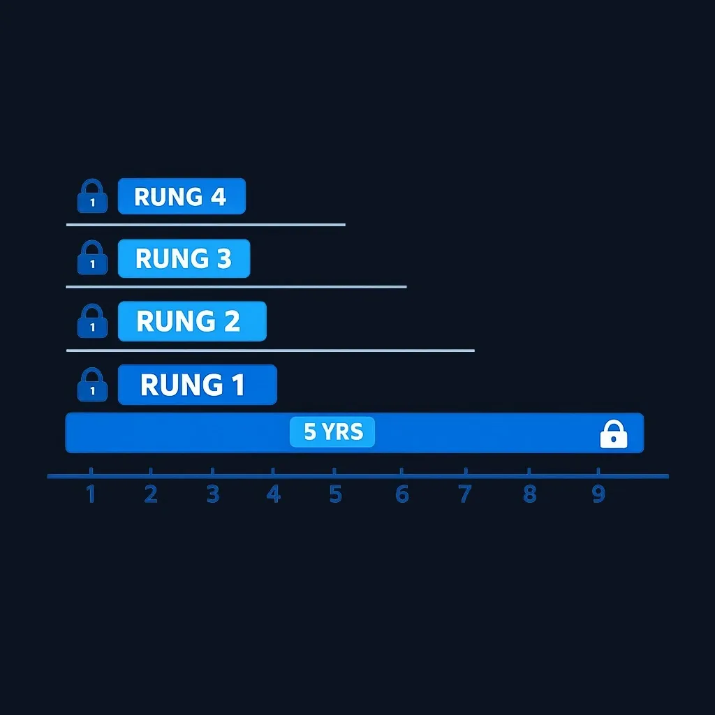 Timeline showing yearly conversions, each with a five-year bar ending in an unlocked point, staggered one year apart.