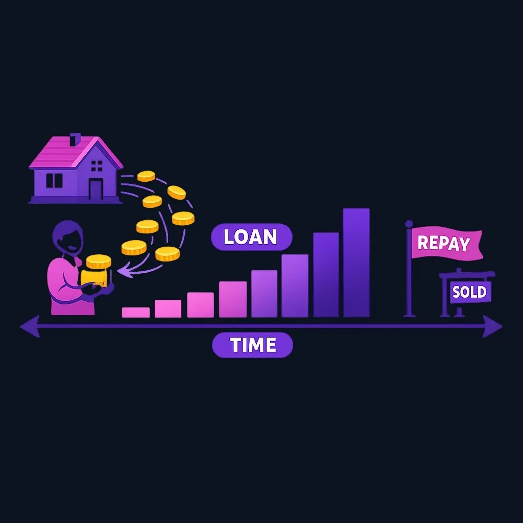 Timeline showing a reverse mortgage loan balance rising over the years until the home is sold and the loan is repaid.