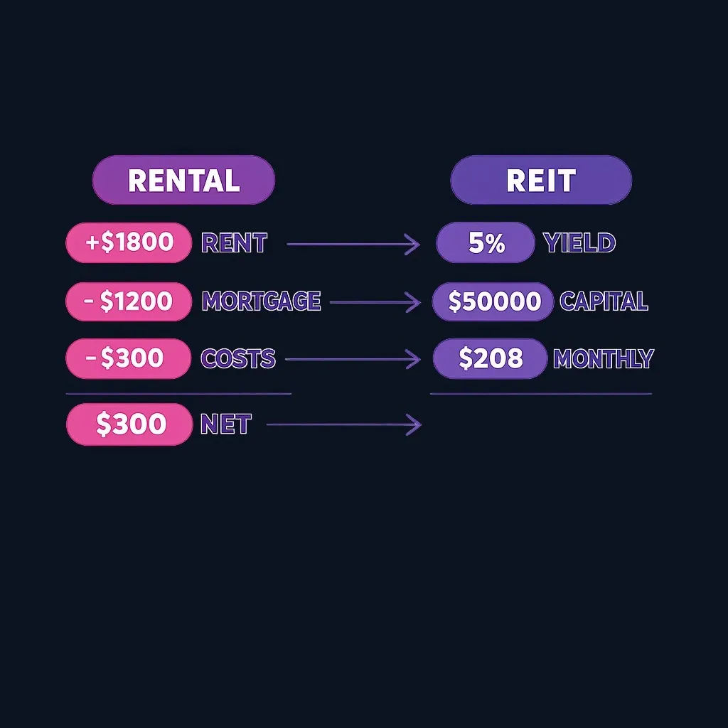 Side-by-side cashflow example comparing rental property and REIT monthly income