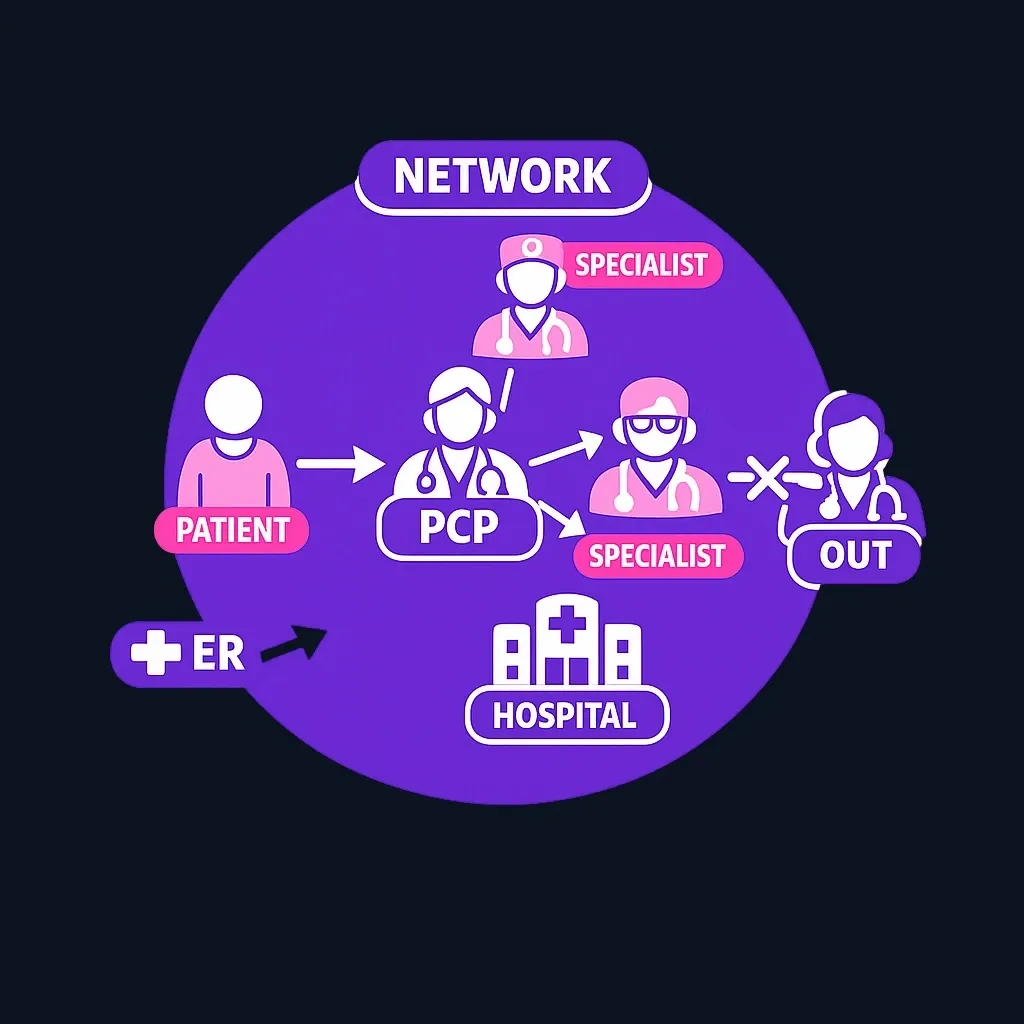 Diagram of an HMO network: a patient goes through a primary care doctor to reach in-network specialists and a hospital inside a boundary, with out-of-network doctors blocked