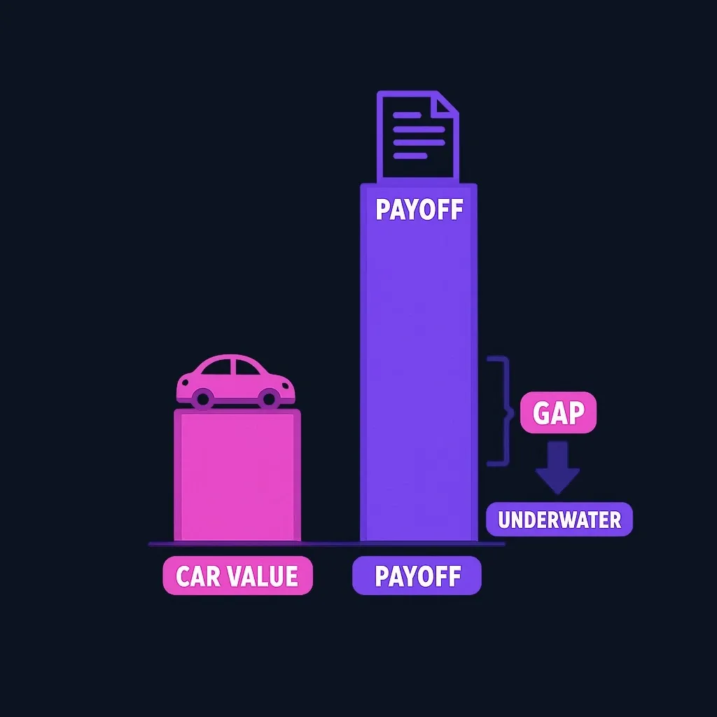 Diagram comparing a shorter bar for car value with a taller bar for loan payoff, with the gap marked as negative equity.