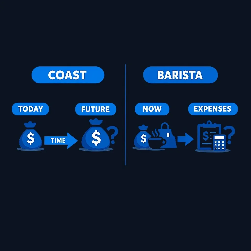 Side-by-side comparison of Coast FIRE future-focused math versus Barista FIRE present-focused math
