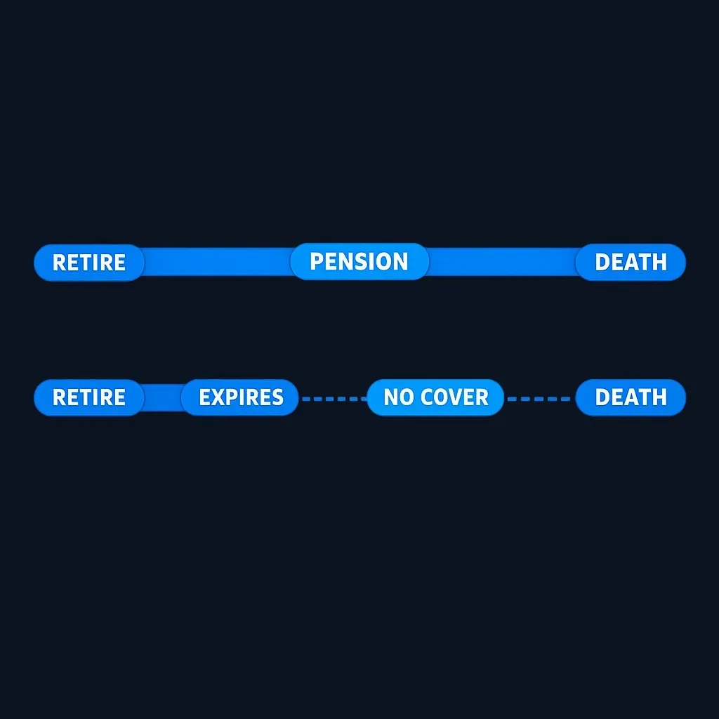 Timeline comparing a pension survivor benefit lasting for life with a term life policy ending before death and leaving a coverage gap