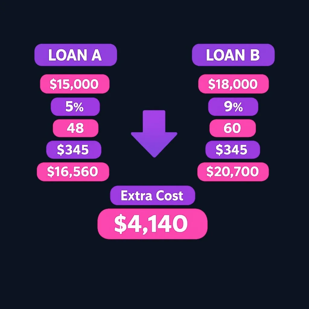 Side-by-side comparison of two auto loans with same monthly payment but different total costs