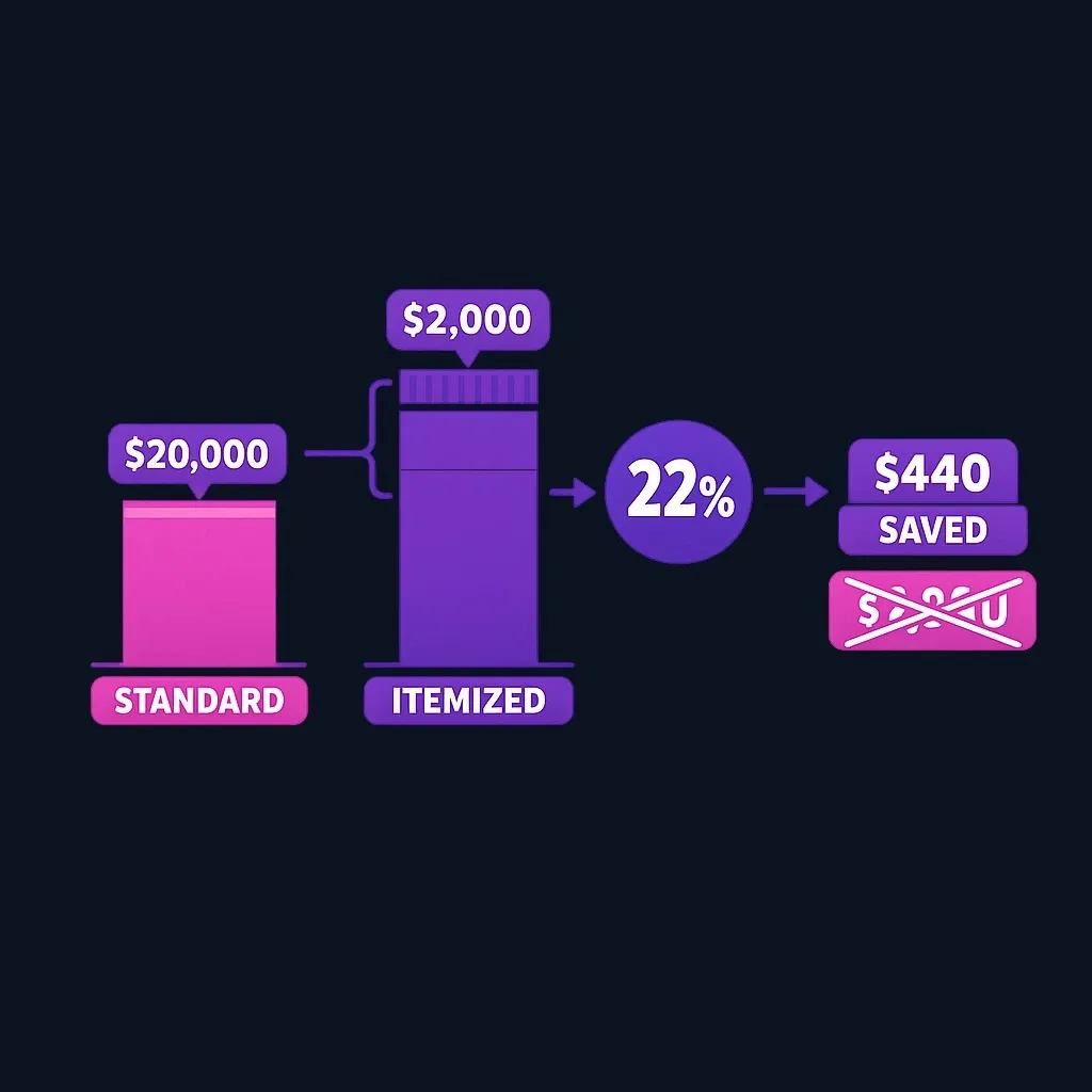 A step diagram showing a $2,000 deduction difference multiplied by 22% to equal $440 in tax savings.