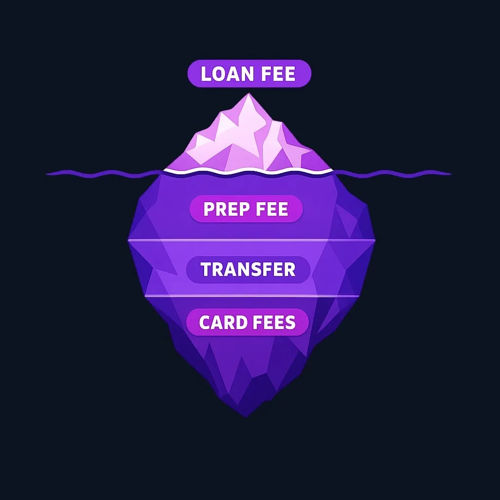 Iceberg diagram showing the loan fee above the waterline and preparation, transfer and access fees below