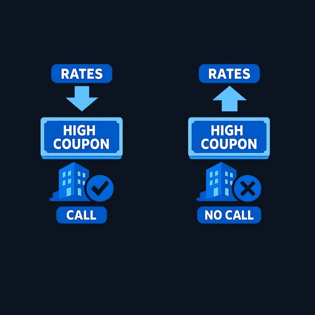 Diagram showing issuer call incentive when market rates fall