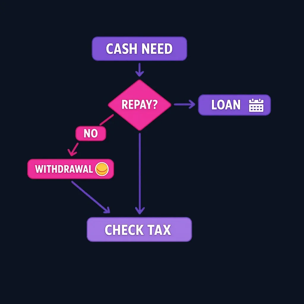 Flowchart of a cash need branching into a loan path for temporary needs and a withdrawal path for permanent needs.
