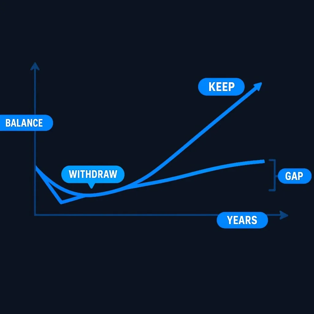 Line chart with two rising lines over time, one for untouched savings and one lower line after a withdrawal, with a widening gap between them