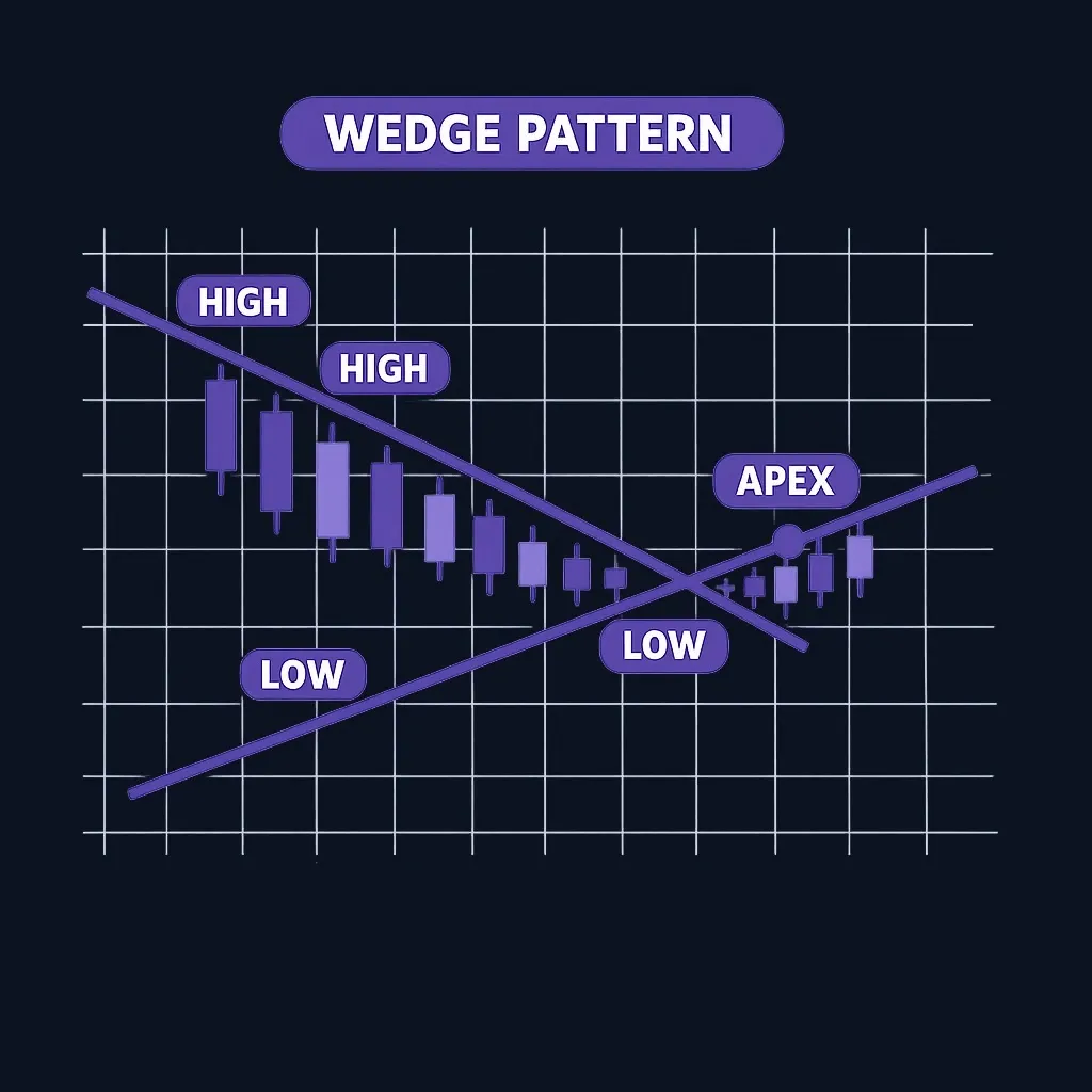 Diagram of symmetrical triangle pattern with falling upper trendline and rising lower trendline converging to apex