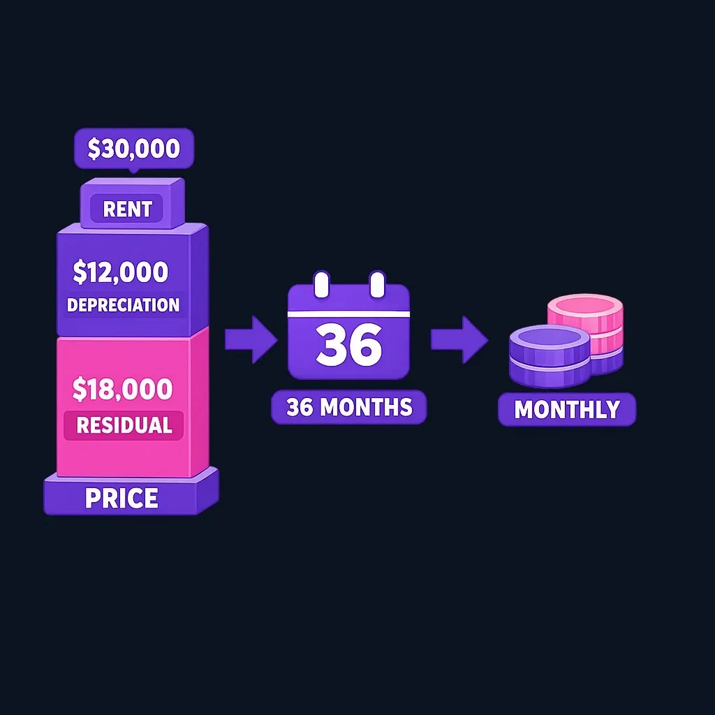 Diagram of a lease payment: a $30,000 car price minus an $18,000 residual leaves $12,000 of depreciation, plus a rent charge, spread over 36 months.