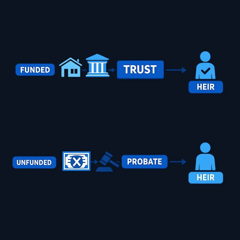 Diagram showing funded versus unfunded assets in relation to probate