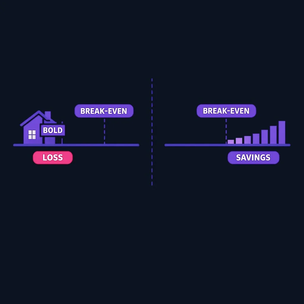 Two timelines compared: one ends before the break-even point with a loss, the other continues past it with savings.