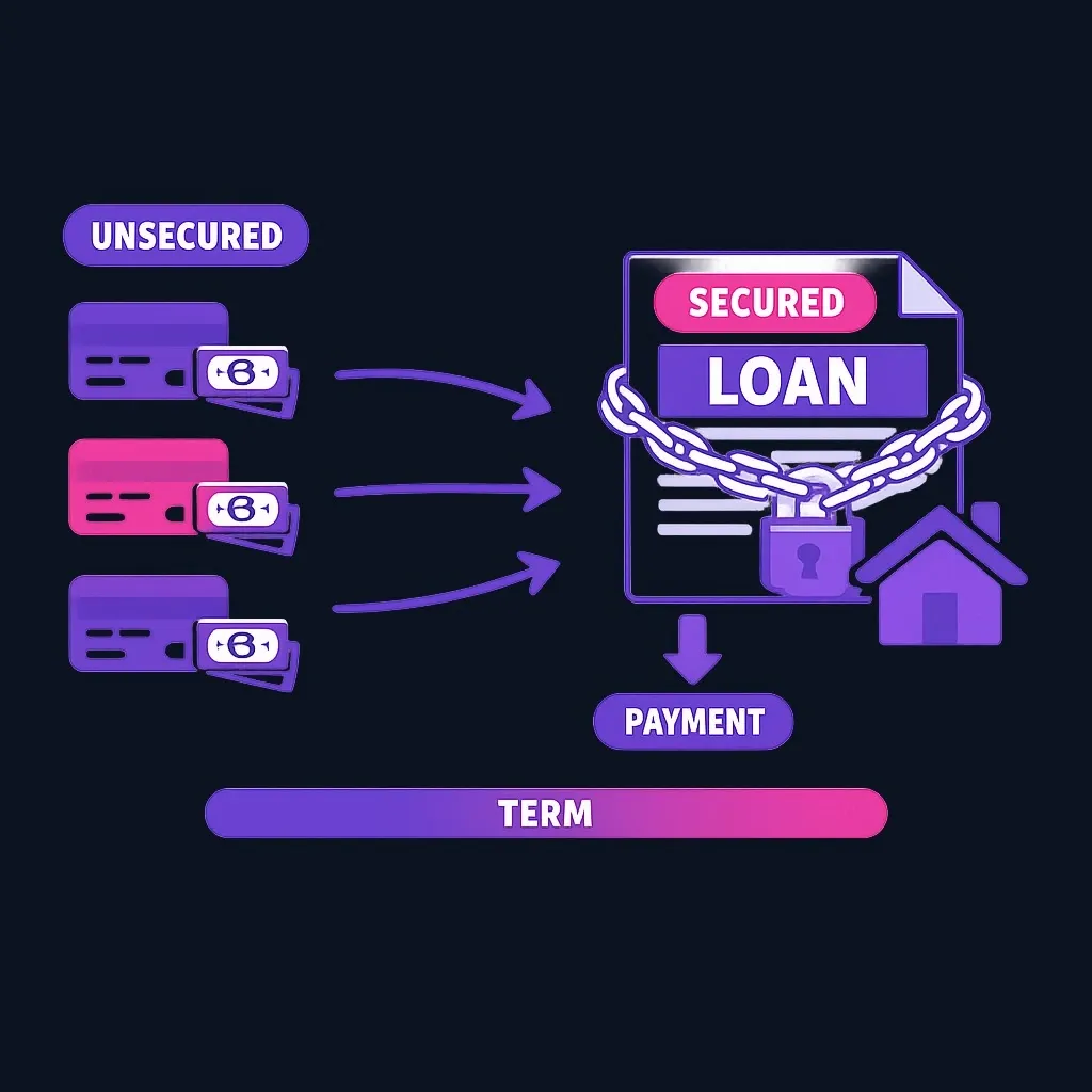 Diagram of several credit card balances merging into one secured loan chained to a house, with a lower payment and a longer timeline
