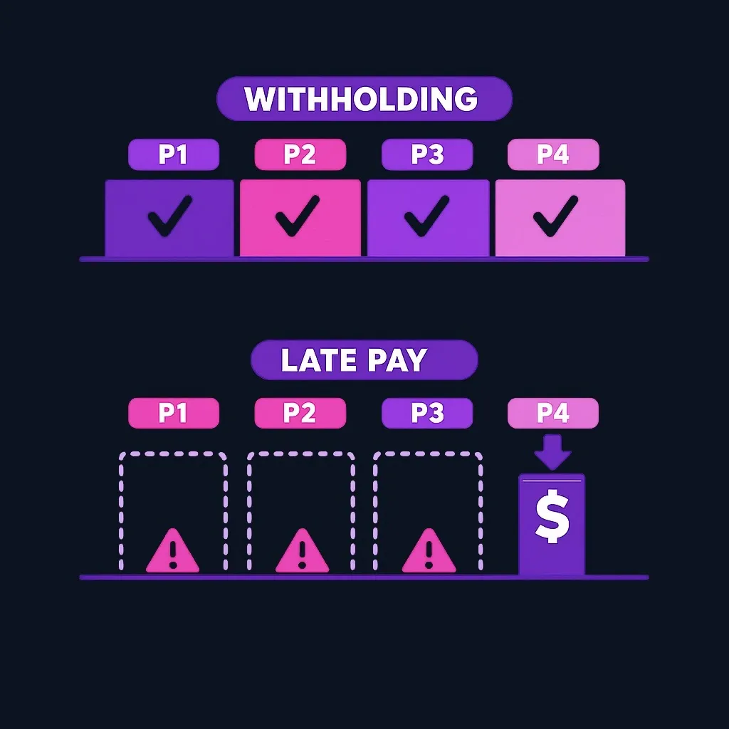 Comparison of four payment periods: even withholding covers each period, while a single late payment leaves earlier periods short.