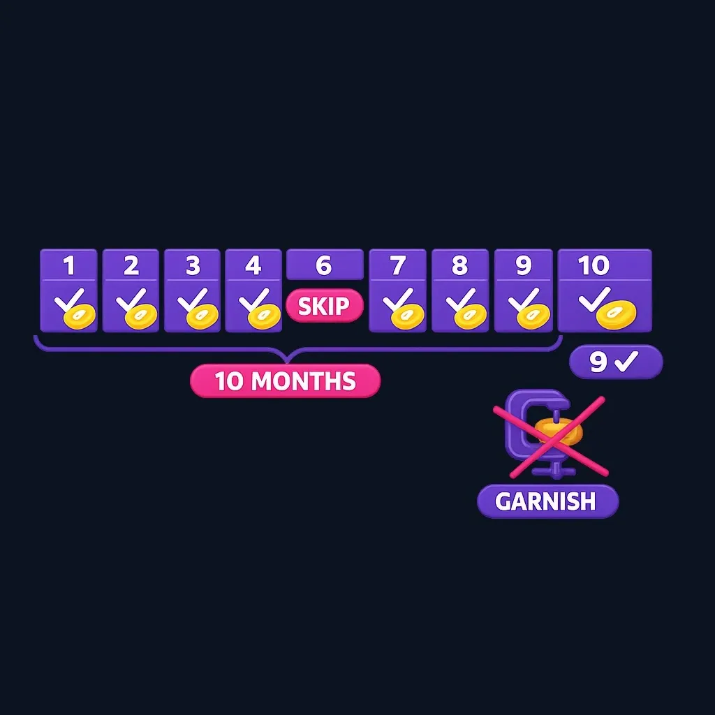 Ten-month calendar showing nine qualifying payments and one month without a payment