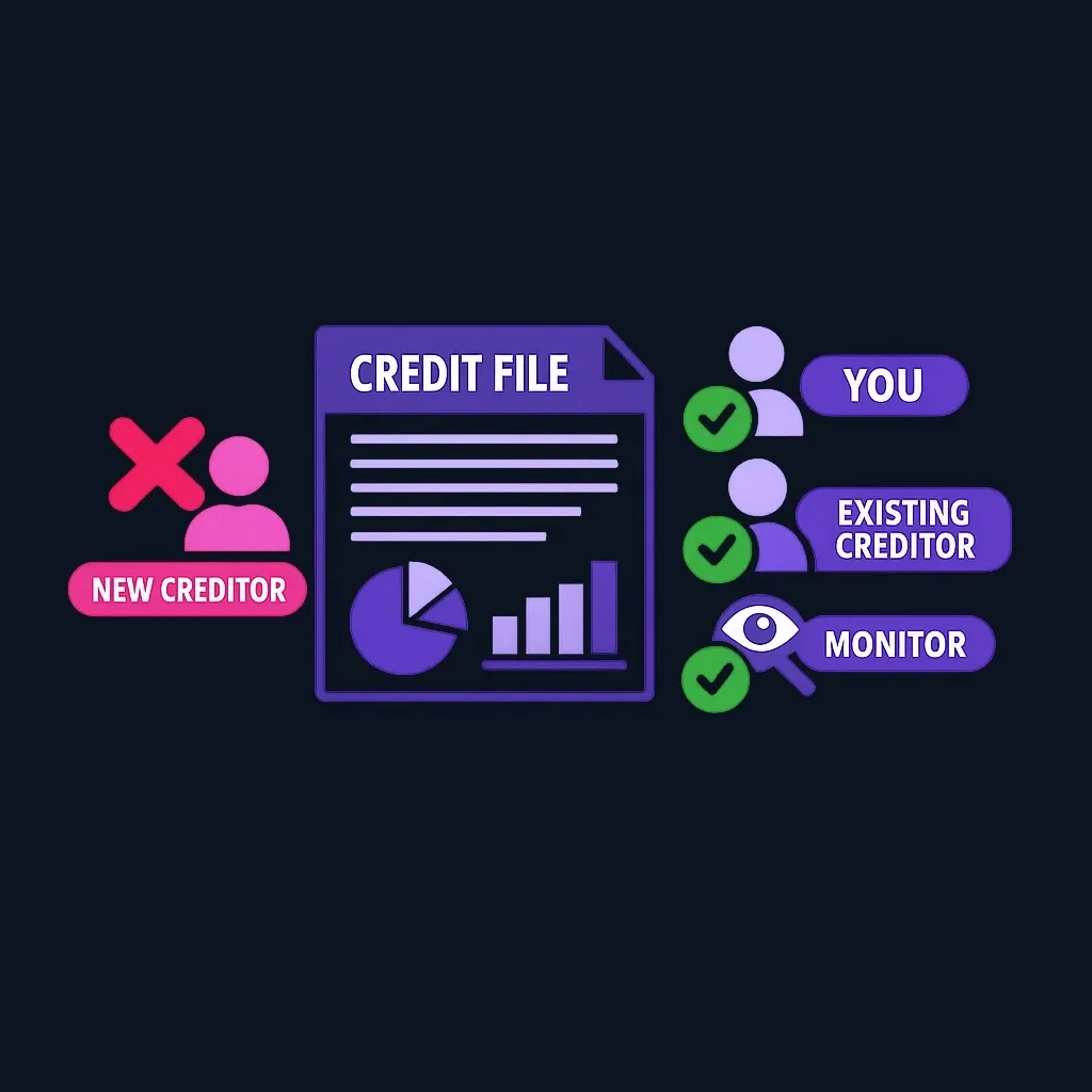 Diagram showing credit freeze blocking new creditor access while permitting existing creditor and consumer access
