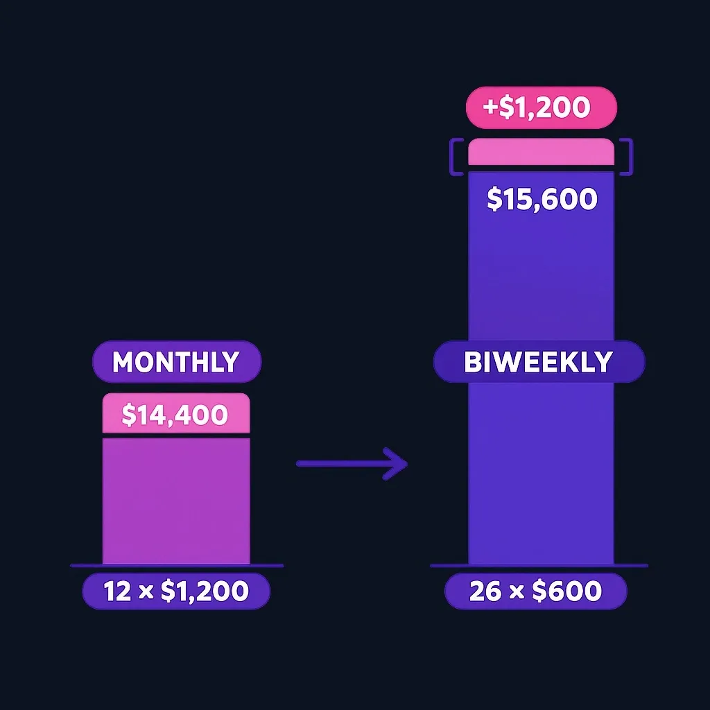 Bar comparison showing $14,400 a year for monthly payments and $15,600 for biweekly payments, a $1,200 difference