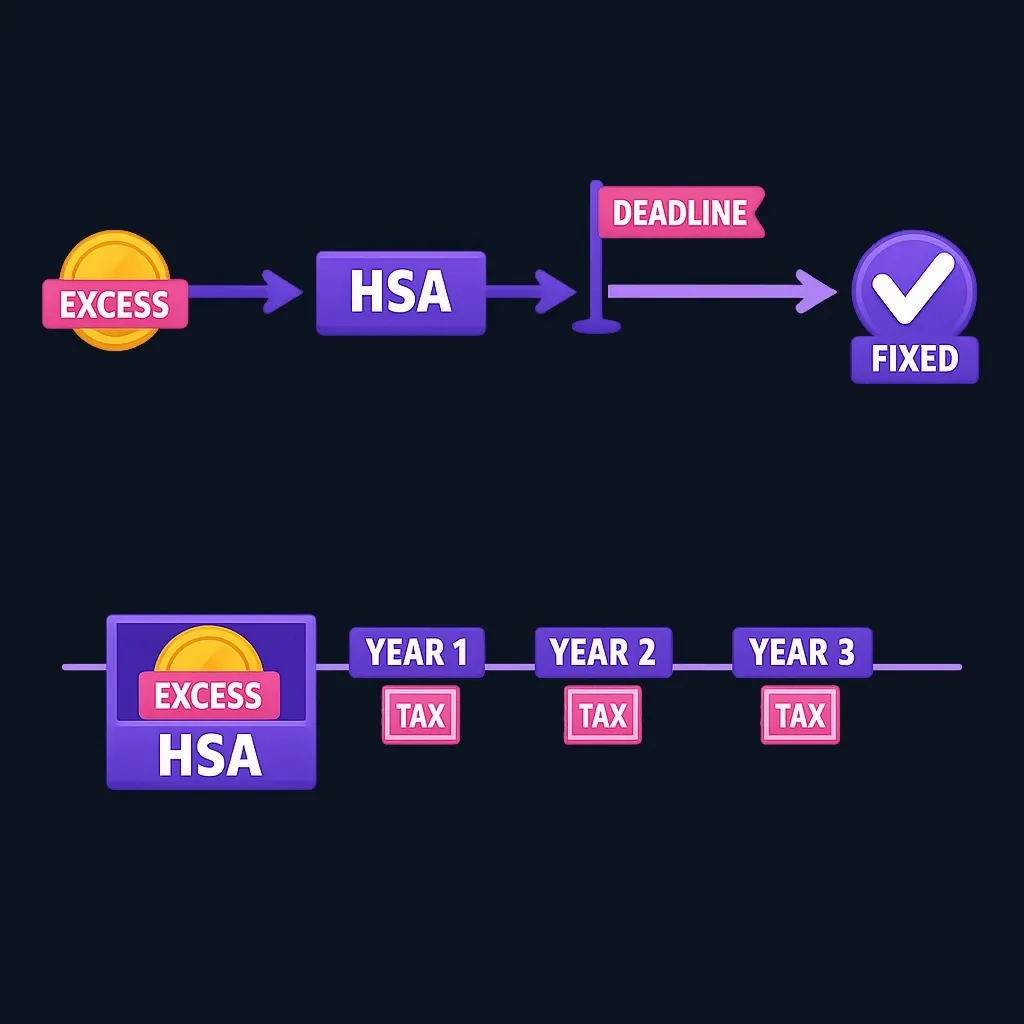 Two timelines: one where the excess is removed before the deadline with no tax, and one where it stays and a tax is charged each year.