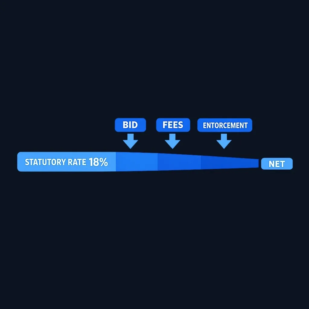 Diagram showing statutory rate being reduced by auction bid rate, fees, and enforcement costs to arrive at actual net return
