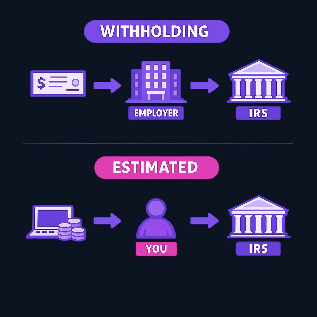 Diagram comparing withholding, where an employer sends tax to the IRS, with estimated payments, where the taxpayer pays directly.