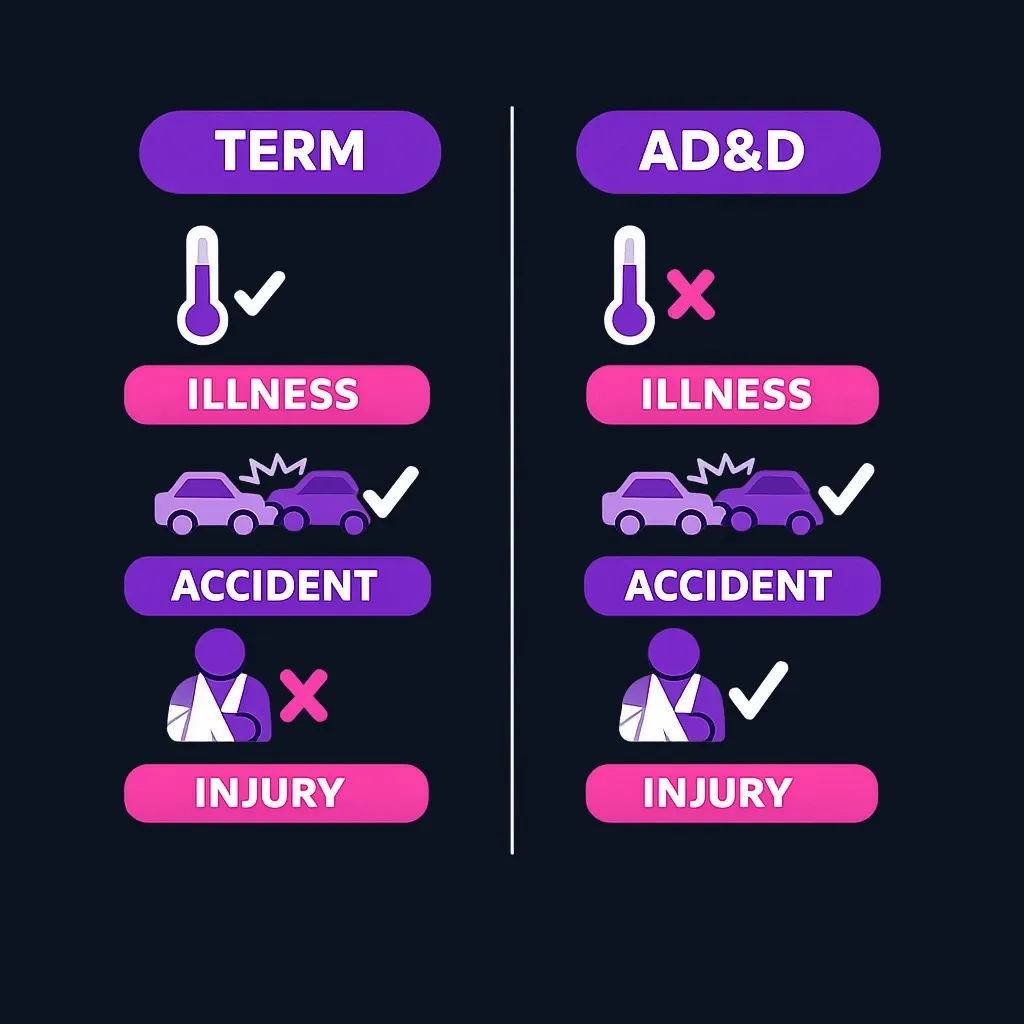 Two-column diagram showing term life covering illness and accident while AD&D covers accident and injury only