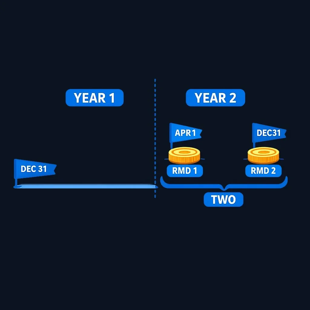 Deadline timeline showing the first RMD due by April 1 and the second RMD due by December 31 of the same year
