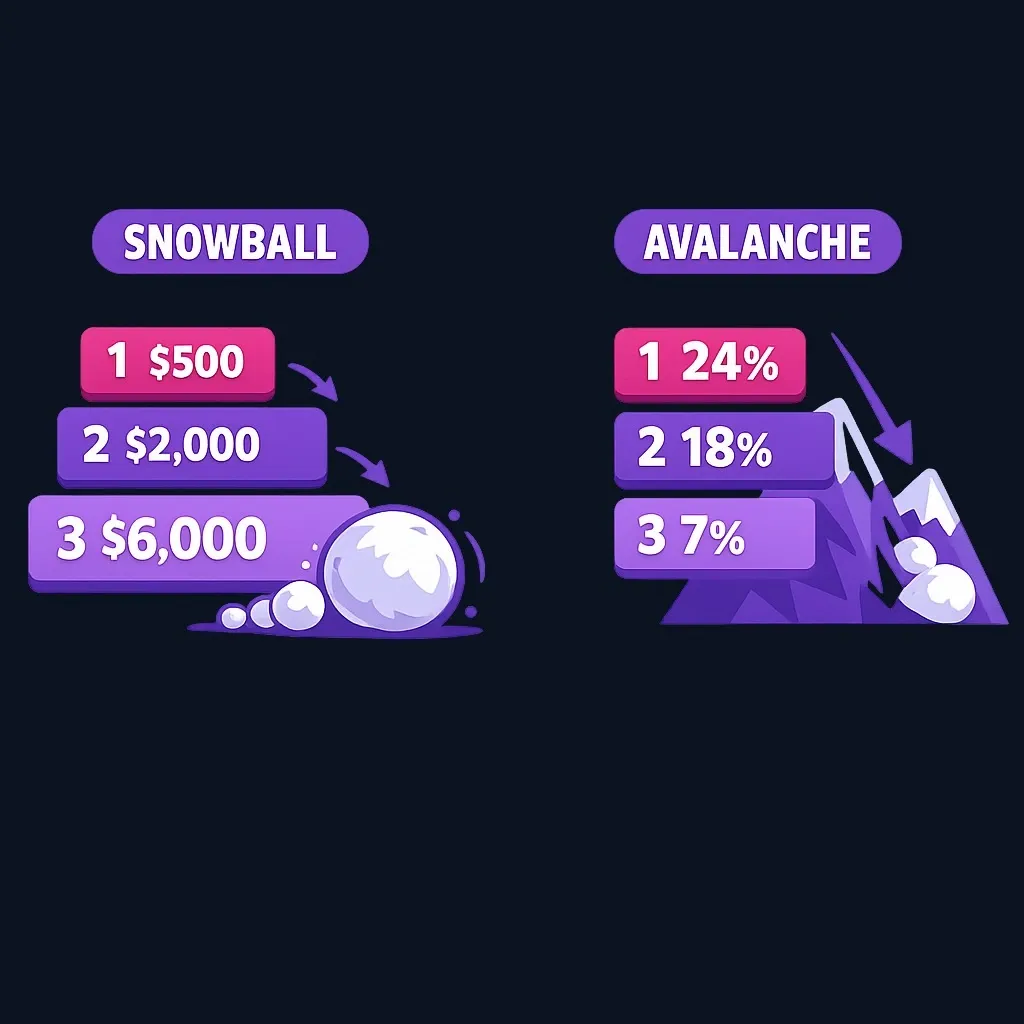 Comparison of the snowball method ordering debts by smallest balance and the avalanche method ordering by highest interest rate.
