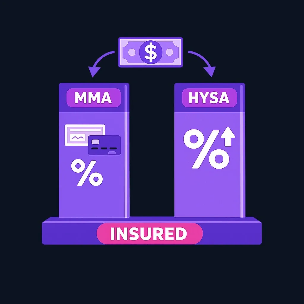 Side-by-side diagram of a money market account with check and card icons and a high-yield savings account with a percentage arrow, both sitting on a shared insured base
