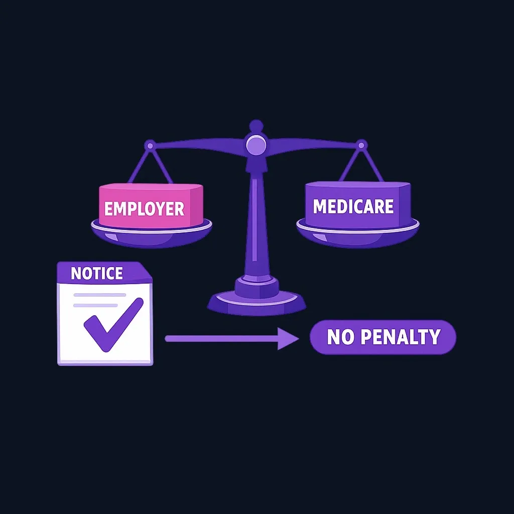 Balance scale comparing employer drug coverage with the standard Medicare drug benefit, with a checkmarked notice beside it