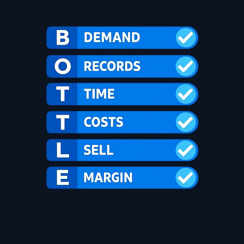 BOTTLE framework diagram showing six evaluation criteria for wine investment decisions