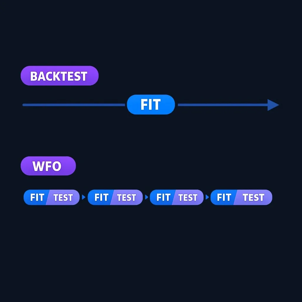 Comparison diagram of single backtest versus walk forward analysis approaches