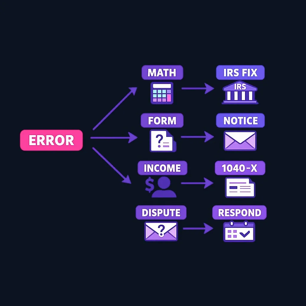 Diagram sorting four types of tax errors into IRS fix, notice, or amended-return paths