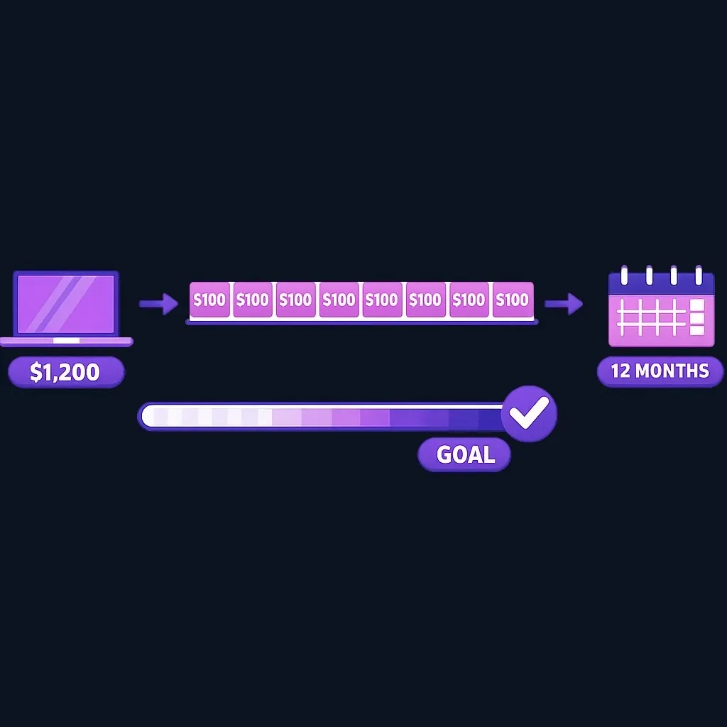 Diagram showing a $1,200 laptop goal split into twelve monthly $100 savings steps