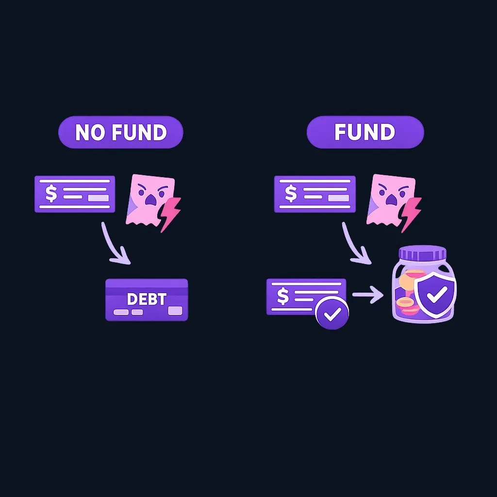 Side-by-side comparison of a surprise bill leading to debt without savings versus being covered by an emergency fund.