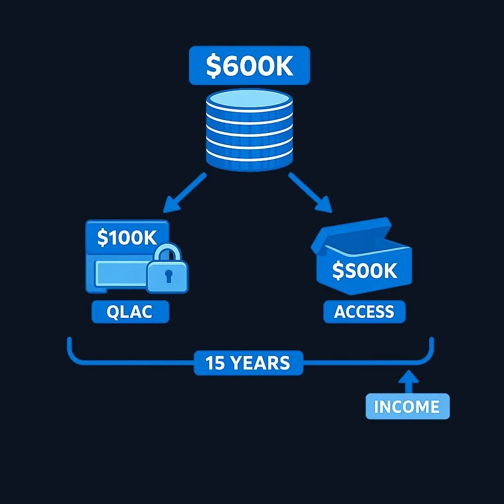 Diagram splitting $600,000 of savings into a $100,000 locked QLAC and $500,000 of accessible assets covering a 15-year wait