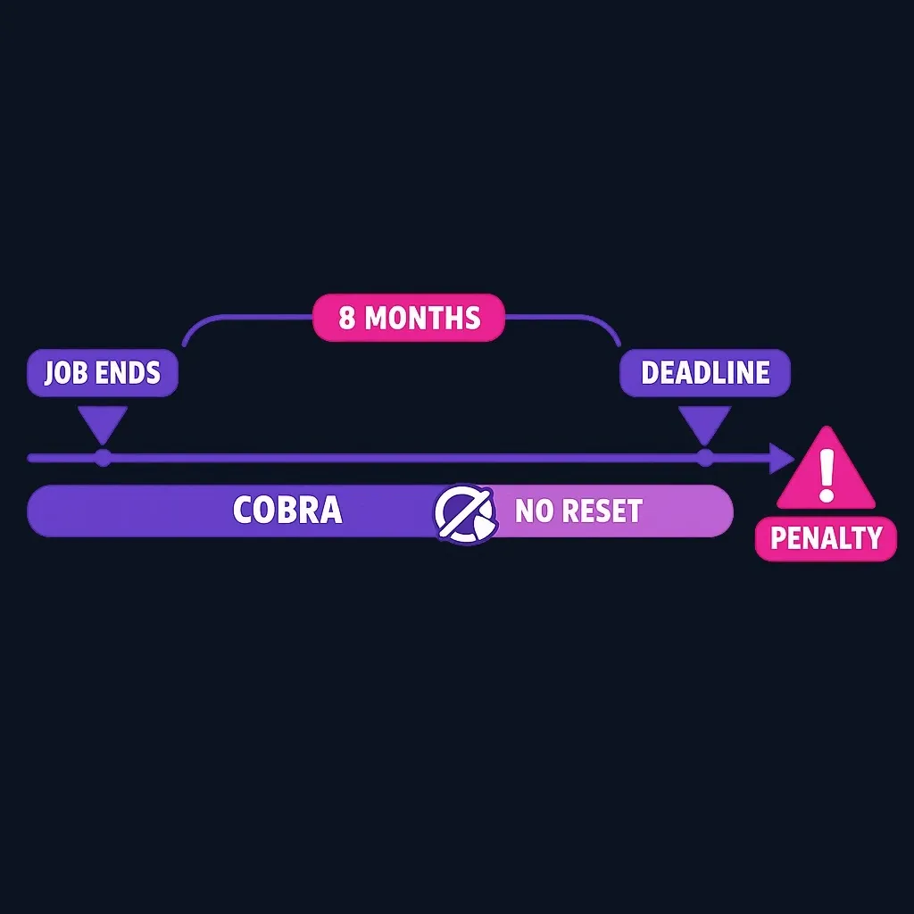 Timeline showing the 8-month Part B window starting when work ends, running while COBRA continues, and a penalty after the window closes