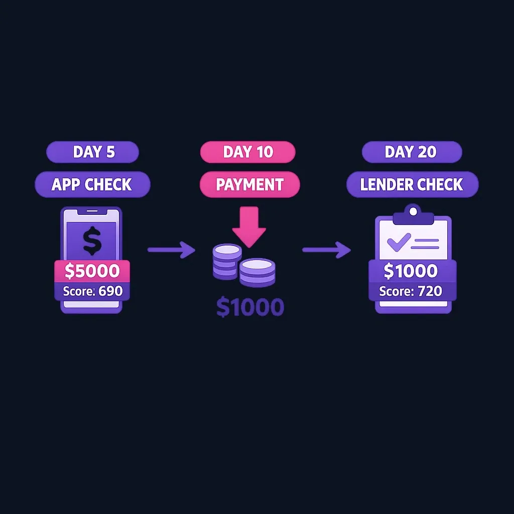 Timeline diagram showing payment and score check timing creating score difference
