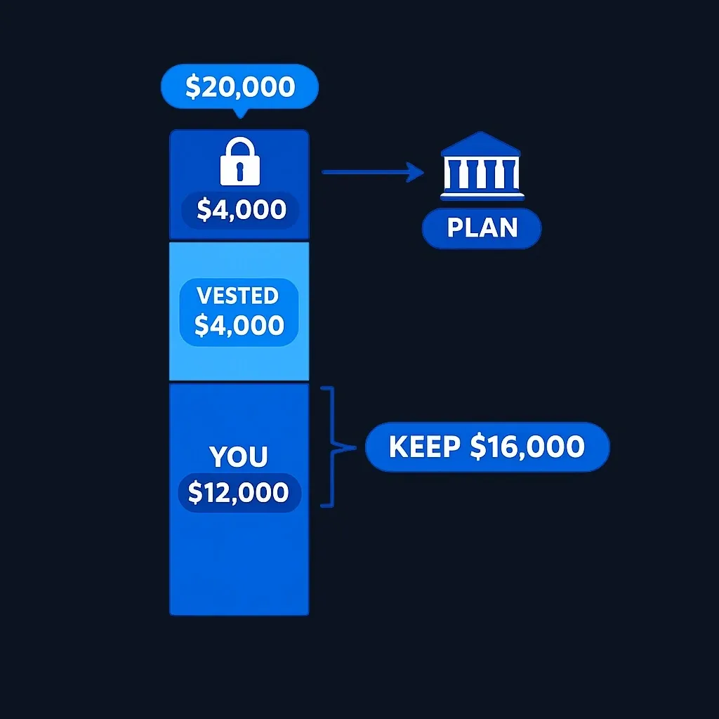 Bar diagram showing a $20,000 401(k) split into $12,000 employee money, $4,000 vested employer money and $4,000 forfeited.