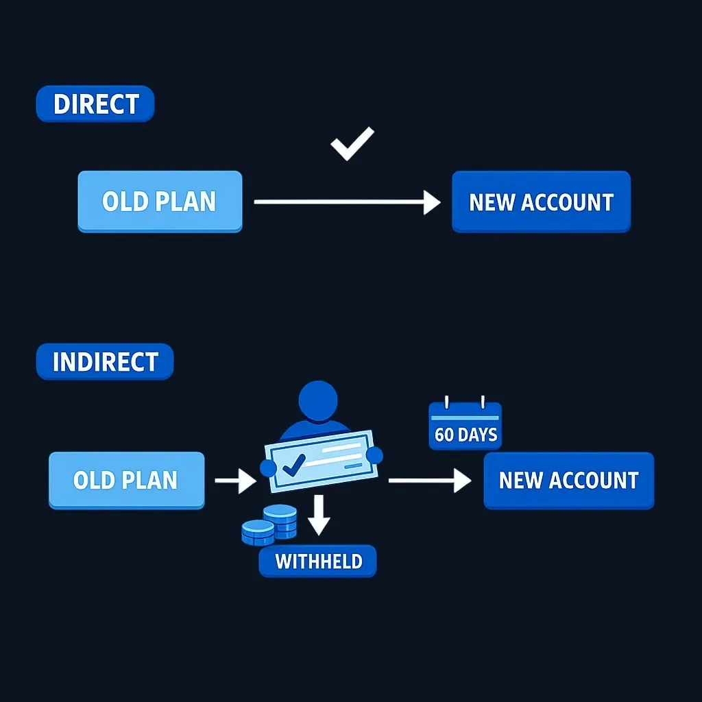 Diagram comparing a direct rollover path from the old plan to the new account with an indirect path through the account holder, showing withholding and a 60-day deadline