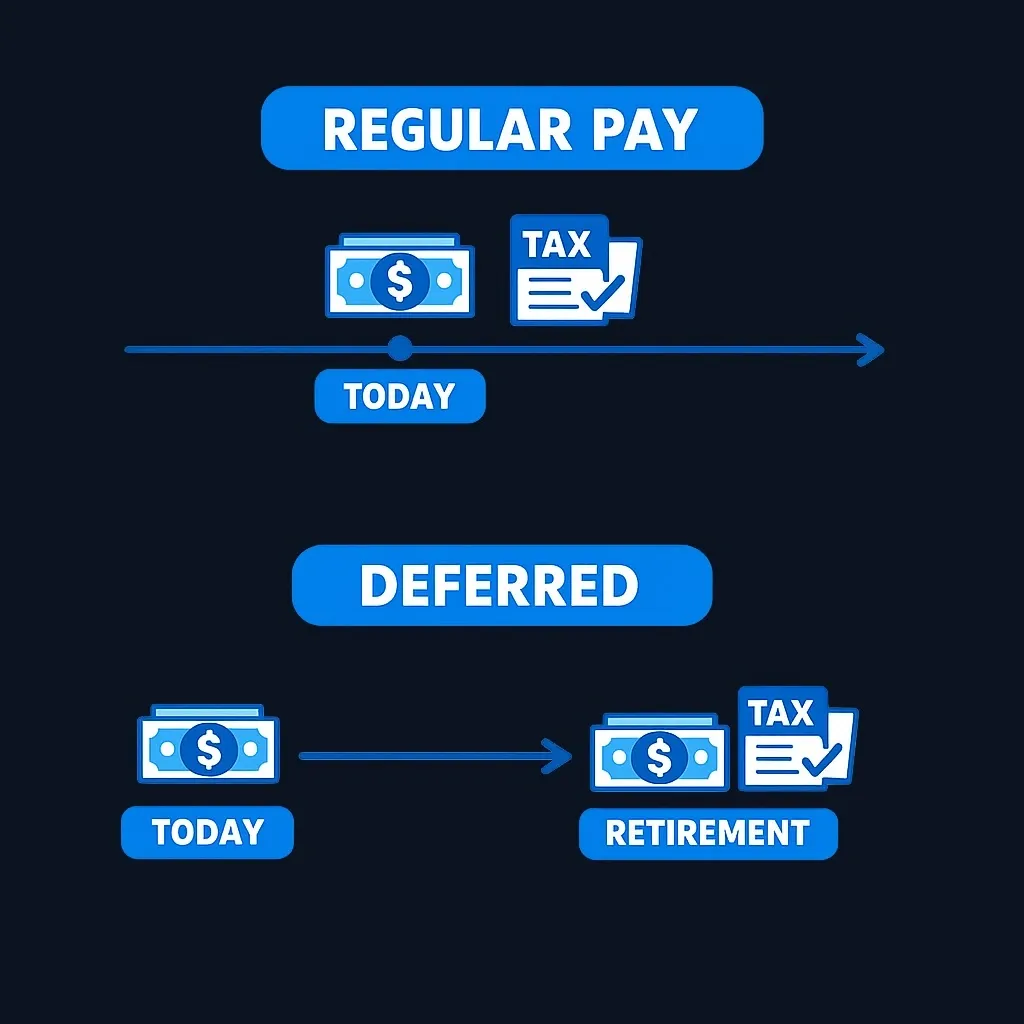 Diagram showing how deferred compensation postpones both income receipt and taxation