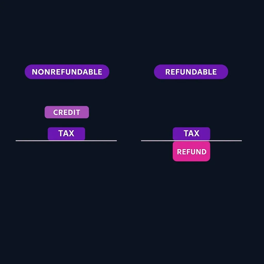 Side-by-side diagram of a nonrefundable credit stopping at zero and a refundable credit producing a refund