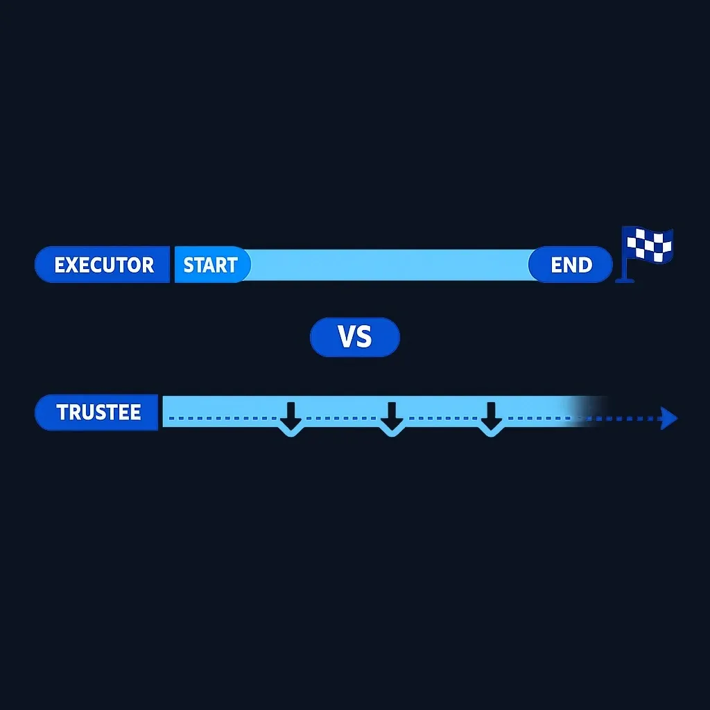 Comparison of executor's finite timeline versus trustee's ongoing administration